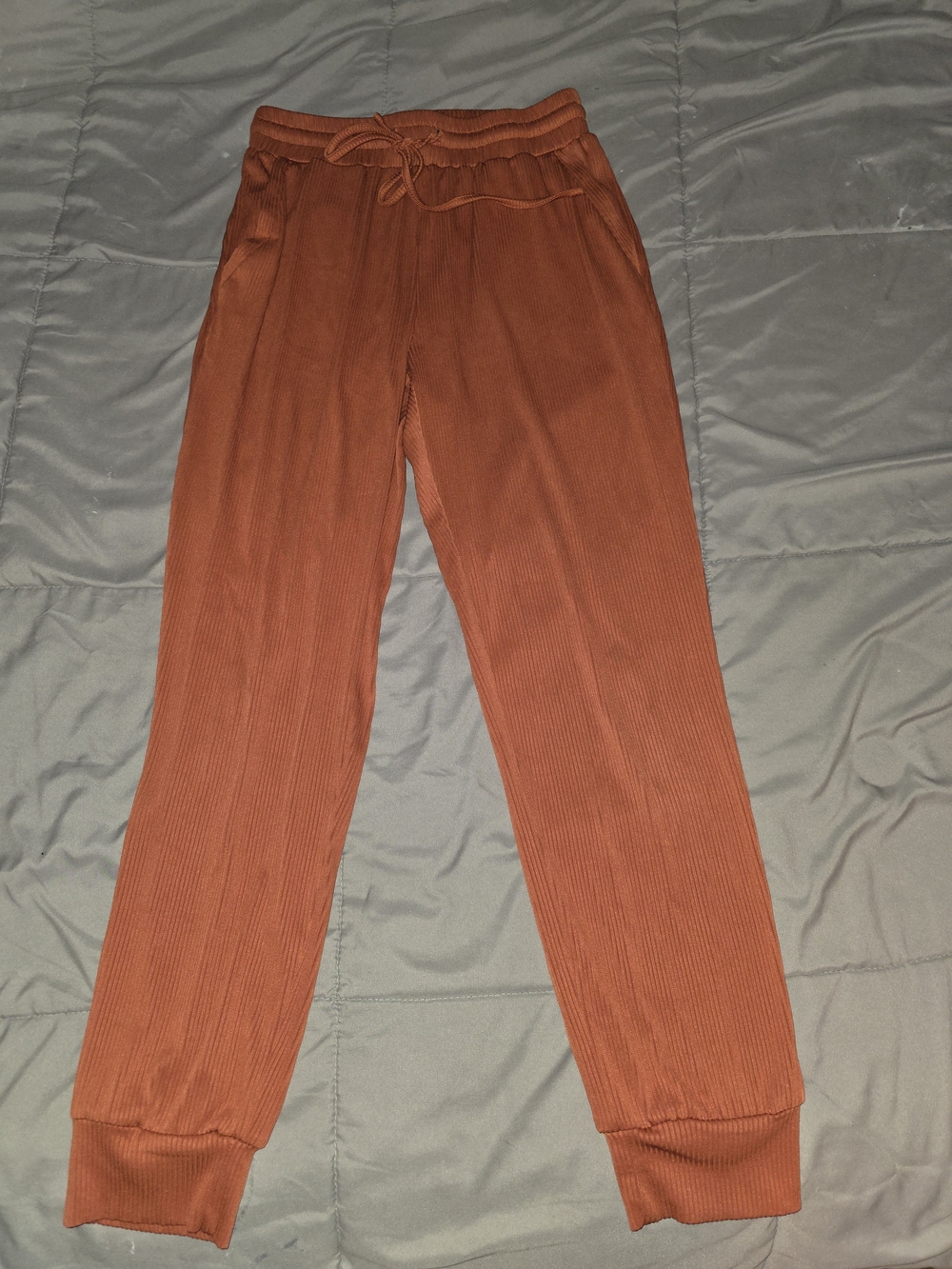 Women's Cropped Ribbed Jogger Pants in Rust - Casual Drawstring Waist